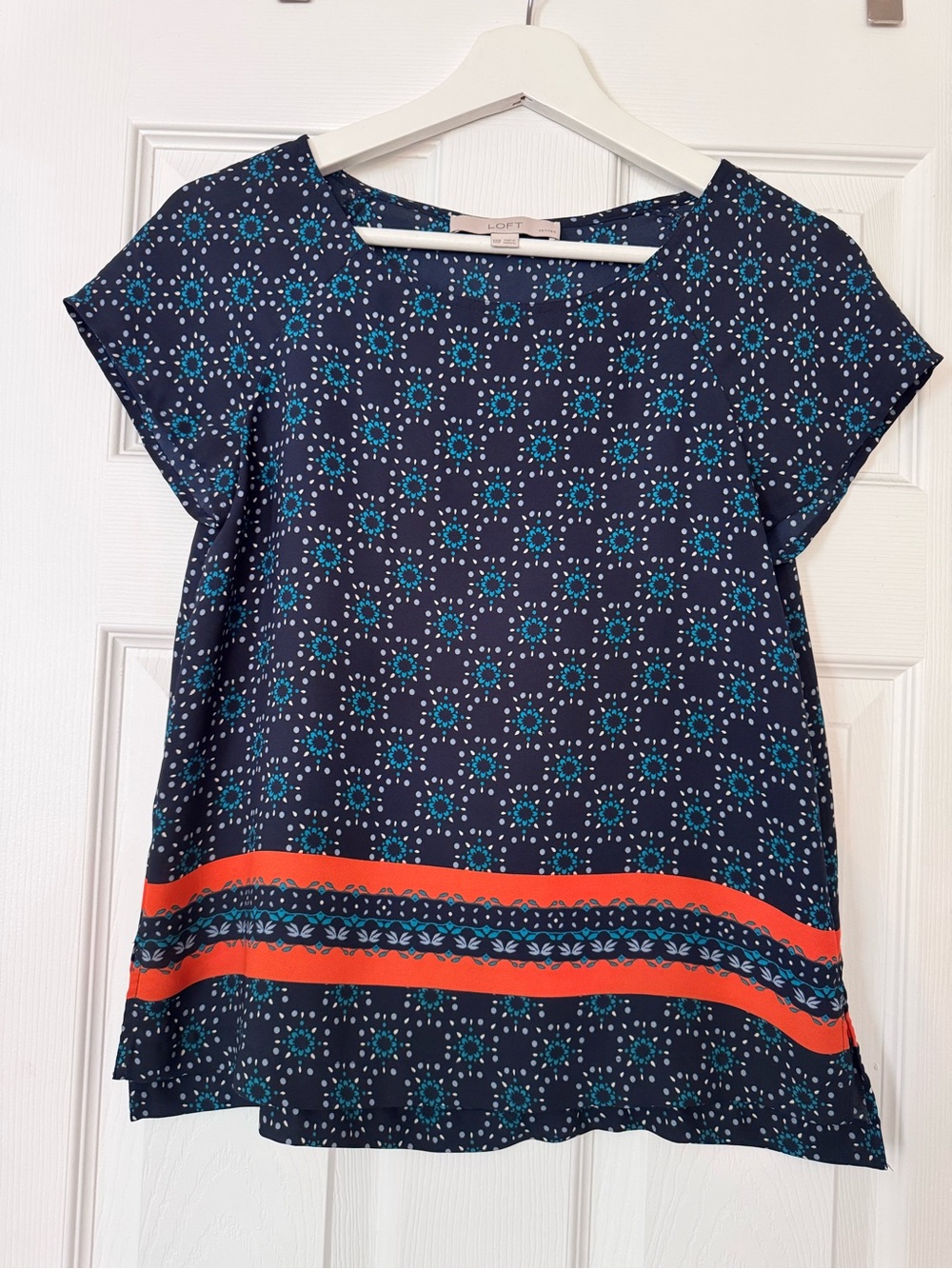 Ann Taylor LOFT Navy Floral Border-Print Cap Sleeve Top with Coral Stripes